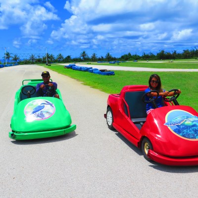 A man and a woman behind the wheel of their go karts