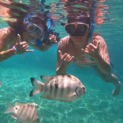 Two guests throwing up the shaka sign with their hands