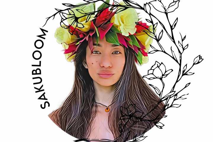 Illustration of woman with flower crown, surrounded by floral design and text 'SAKUBLOOM'.